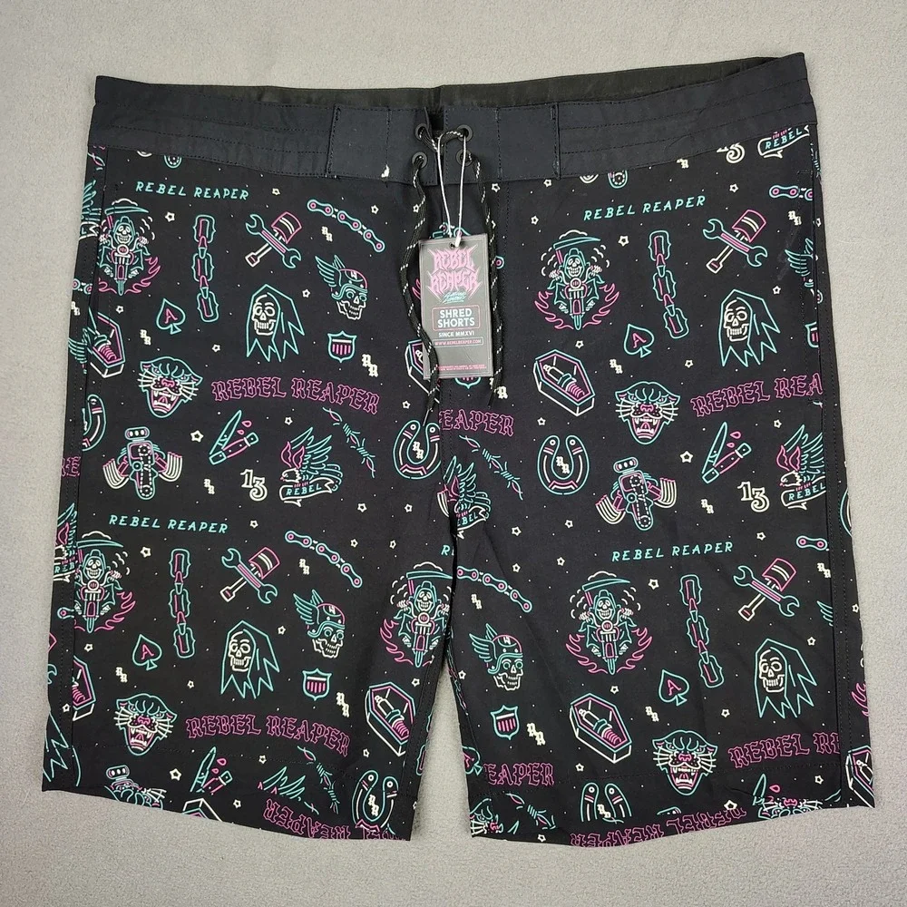Rebel Reaper Boardshorts Swim Trunks Men 2XL Black Neon Tattoo Print Biker New
